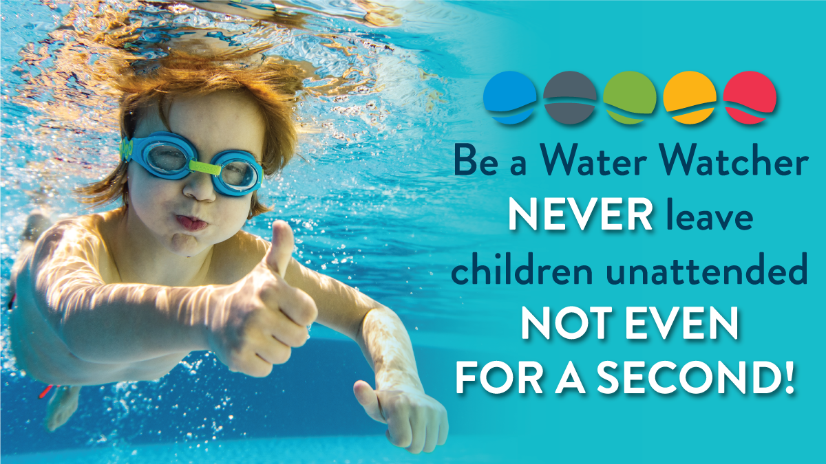 Be a water watcher never leave children unattended Not Even For a Second! Child upderwater holding their breath with a thumbs up. 