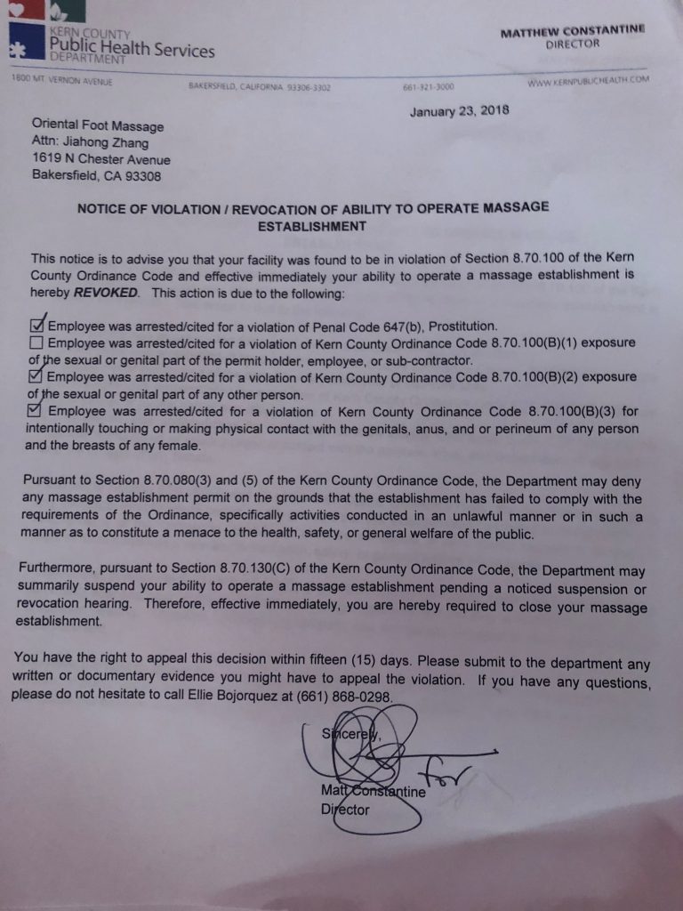 Oriental Foot Massage - Notice of Violation